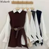 Woherb coreano primavera autunno donna maglione lavorato a maglia gilet + camicetta bianca vestito casual cintura due pezzi set abiti da donna da ufficio 210812