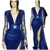 Sparky Royal Blue Formalne Syrenki Suknie Wieczorowe Glitter Cekiny Głębokie V Neck Koronki Pełna Rękaw Długa Specjalna okazja Suknie Sexy Side Split Prom Dress