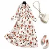 Mode shirt kraag volledige mouw vintage print geplooide jurk lente vrouw kleding casual vrouwelijke vestidos midi festa 210601