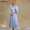 Ücretsiz Kadınlar Örgü Takım Elbise Zarif Standı Yaka Uzun Kollu Kısa Üst Tek Göğüslü MIDI Etek Bayanlar İki Parçalı Set 210524