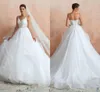 Modern White Lace Applique Ball Gown Wedding Dresses Romantic Tulle Spaghetti Stems Sexig snörning Back Boho Garden Bridal Gown Reception Party Robes de Mariee Al9331