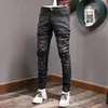 Człowiek Zużyty Patch Black Dżinsy Uszkodzenia Stretch Slim Fit Denim Spodnie