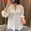 Mujeres de gran tamaño bordado blusa romántica manga larga chic camisa femenina tops 6h7 210416