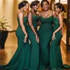 2021 Afryki Szmaragd Green Mermaid Druhna Sukienki Sweep Pociąg Koronki Aplikacje Spaghetti Paski Spandex Ślubny Guest Dress Maid of Honor Prom Gown Plus Size