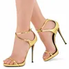 Sandalias 2022 Estilo de mujer Celebridad Metálico Oro Stiletto Tacón Verano Hueco Tobillo Hebilla Correa Tacones altos Zapatos