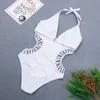 Sexig vit halter cut out bandage trikini simma baddräkt monokini push up brasilian swimwear kvinnor baddräkt 210702