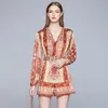 Bohemian Printed Female Playsuit Romper Women Sexy V-Neck Lantern Sleeve Sashes Pocket Loose Jumpsuits Summer Ladies Overall 210514