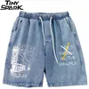Men Hip Hop Cargo Shorts Streetwear Building Letter Print Denim Harajuku Jogger Summer Short Cotton 210806
