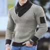 Men's Sweaters Men's Autumn Winter Casual Knitted Sweater For Men Long Sleeve Scarf Collar Solid Jumpers Tops Fashion Slim Fit Mens