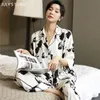 JULY'S SONG Pajamas Set 2 Pieces Women's Sleepwear Satin Silk Rose Print Elegant Pyjama Long Trousers Spring Summer Sleepwear 210928