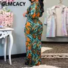 Women Long Sleeve V Neck Chic Printed Dress Elegant Evening Party Maxi Robe Dresses Casual