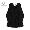 Automne français petites robes noires femmes mode Corée Style col en V à manches longues taille mince une ligne robe femmes avec ceinture 210417