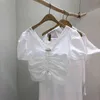 韓国のシックなミディリフの巾着ショートブラウス女性のシャツの春のVネック半袖ブルスマザー女性トリップトップ210514