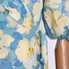 Robe à nœud papillon à imprimé floral pour femmes, col en V, manches bouffantes, taille haute, couleur vintage, mode féminine 210520