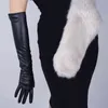 Сексуальный леопардовый сенсорный экран перчатки зимних женщин PU черный 50см длинный симулятор кожа тонкий полный палец теплое вождение варежки K52