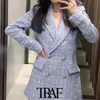 TRAF Women Fashion Double Breasted Tweed Check Blazers Coat Vintage Long Sleeve Pockets Female Outerwear Chic Veste 210415