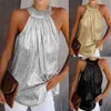 Womens Mode Shiny Halter Hals Tank Tops Vest Dames Zomer Casual Solid Color Sleevelt Shirt Blouse Zwart Goud Zilver X0507