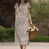 Johnature Kobiety Ramie Suknie Chiński Styl Stojak Przycisk Drukuj Kwiatowy Wysokiej Jakości Summer Kobiet A-Line Vintage Dress 210521