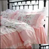 Conjuntos de cama Suprimentos Home Têxteis Jardim Romântico Bordado Set Rose Imprimir Ruffle Lace Cama Princesa Rei Algodão Duveta ER Queen Drope Del