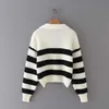 TRAF Women Fashion Striped POLO Collar Loose Knit Sweater Retro Long Sleeve Pullover Streetwear 210918