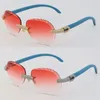 New Model Micro-paved Luxury Diamond Set Womens Men Sunglasses Blue Wood Rimless Sun glasses Male and Female Frame With Oversized Round Lens 18K Gold Driving Eyewear