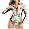 Swimwear Women's 2021 Women Conservative Floral Print Long Sleeve Zipper One Piece Swimsuit Bikini