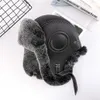 Winter Herren 100 % echte Rex Raabit Pelz Bomber Hut Ushanka Cap Trapper russische Mann Ski Hüte Mützen echtes Schaffell Leder