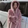 2021 New Winter Women Faux Rabbit Fur Coat Loose Długie Futro Płaszcz Duży Rozmiar Płaszcz Z Kapturem Grube Ciepłe Kobiet Pluszowe Płaszcze Y0829