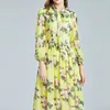 Дизайнерская мода взлетно-посадочная полоса Винтаж MIDI платье женщин с длинным рукавом элегантный лук ленты желтый цветок печать шифон Vistdios 210421