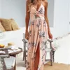 Boho Summer Elegant Floral Halter V Neck Long Dress Women Sexig Bandage Evening Party Dresses Sundress Beach Dress X0705