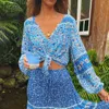 Jastie New Fall Women Blouse Vintage V neck Floral Print Casual Boho Blouses Shirt Lantern Sleeve Chic Shirts Chemise Tops 210419