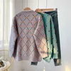 H.SA Women Winter Sweater and Cardigans Ruffles Argyle V neck Casual Knit Jumpers Loose Style Christmas Knit Coat Sweater Tops 210716