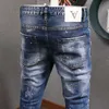 Mode streetwear mannen jeans retro blauw slim fit verf designer jeans mannen nacht club hiphop broek elastische gescheurde jeans homme 210622