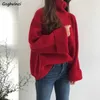 Turtleneck Sweter Zgrubienie Solidna Dzianiny Zimowe Kobiety Flare Rękaw Harajuku Moda Rozrywka Znosić Czerwone Luźne Proste Chic X0721