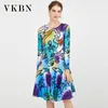 VKBN Summer Dress Long Sleeve Printing Elastic Elegant Dress Fold Abstract Creative O Neck Vestidos De Fiesta 210507