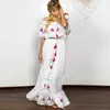 Inspirado Branco Bordado Dess Mulheres Ruffle Dress Off Ombro Lace Trim Feriado Verão Vestido Elástico Longo Vestido 210412