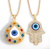 Fatima Hand Pendant Necklace for Women Turkey Evil Blue Eyes Crystal Sweater Chain Alloy Gold Plated Necklaces Jewelry