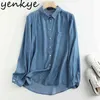 Vintage Blue Denim Blusskjorta Kvinnor Långärmad Lapel Collar Casual Loose Spring Shirts Plus Storlek Blusas 210430