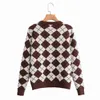 autumn winter argyle knitted sweater pull femme england style plaid vintage pullovers brown casual jumper 210415