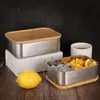 800ml Matbehållare Lunchbox med bambu Lock Rostfritt stål Rektangel Bento Box Trä topp köksbehållare Naturlig lätt för ta