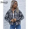 Col rabattu Tartan Plaid Veste Manteau Femmes Automne Vintage Drop Manches Longues Fermeture Éclair Dames Court Survêtement 210510