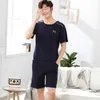 Pijama masculino conjunto verão confortável homens sleepwear manga curta pijama de algodão homens elásticos cintura calça lazer outwear 210812