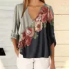 꽃 프린트 여성 T 셔츠 플러스 사이즈 5XL 2021 여름 V 넥 하프 슬리브 비치 셔츠 사무실 작업 셔츠 Blusas Feminina Tops X0628