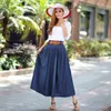 Merry Pretty Women Sashes Denim Skirt Pleated Autumn Elasticity Waist Long Jeans Casual Solid Midcalf 210708