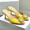 2022 pantofola con tacco Fibbia quadrata con strass scarpe da donna con tacchi alti sottili Pantofole decorative in metallo di cristallo satinato di lusso
