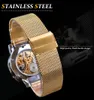 Vencedor Golden Relógios Homens Skeleton Mecânica Relógio de Cristal Malha Slim Aço Inoxidável Banda De Aço Mão WristWatch