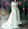 Marroquina Caftan Jumpsuit Noite Vestidos Marfim Champagne Lace Appliques Cape Manga Longa Desligado Ombro Árabe Prom Vestido com Pant Suit