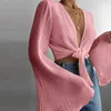 Dames Blouses Shirts Spring Flare Lange Mouwen Strand Blouse Solid Sexy Deep V-hals Dames Shirt Blusas Zomer Tie-Up Holle Tops Stree