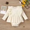 Kids Rompers Girls Solid Color Pit Stripe Romper Nyfödd Spädbarn Blommor Lace Sleeve Jumpsuits Vår Höst Mode Baby Klättring Kläder