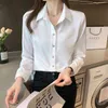 Coréen Satin Chemises Femmes Blanc Femme Soie Blouses Élégant Bureau Dame À Manches Longues Chemise Top Plus La Taille Blouse 210427